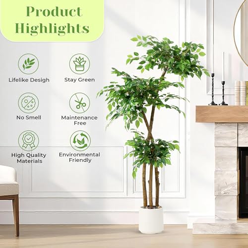 5FT Artificial Ficus Tree in White Planter with Moss & Pebbles - Realistic Home Decor