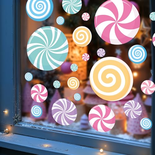 Ivenf Christmas Decorations Window Clings: 8 Sheets Extra Large Lollipop Peppermint Christmas Window Clings, Cute Pink Candyland Candy Stickers Decals for Kids Home School Office Holiday Party