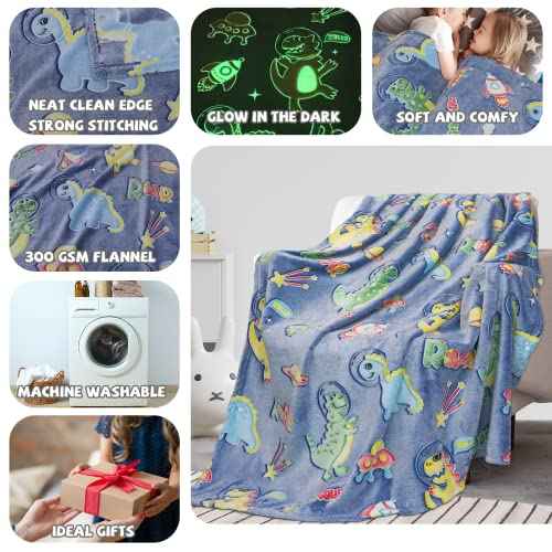 REXEO Glow in The Dark Blanket Dinosaur Gifts Toys for Boys Birthday Gifts for Kids 1 2 3 4 5 6 7 8 9 10 Year Old Kids Blanket Glowing Dinosaur Room Decor Blankets for Toddler