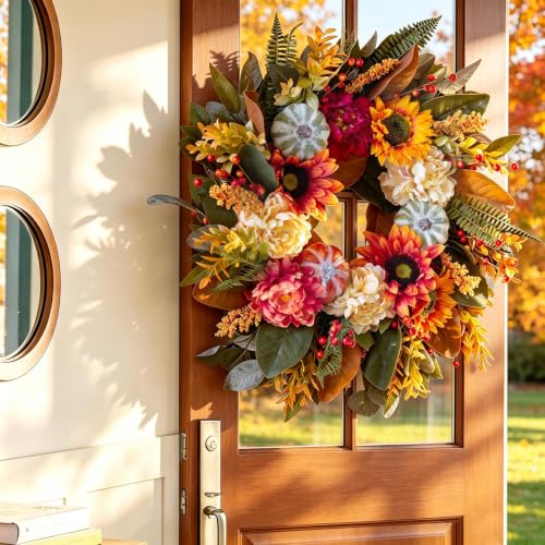 Autumn Magnolia Wreath with Peony & Sunflower - Fall Front Door Decor, 24 Inch - Cream Variation