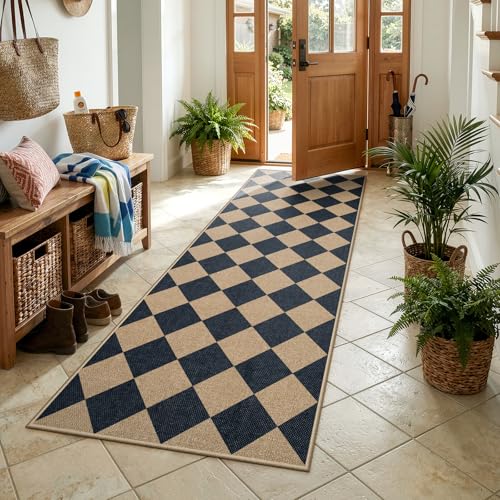 Lahome Checkered Easy Jute Non Slip Kitchen Runner, 2'6"x8' Washable