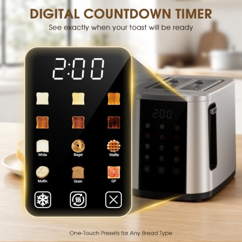 Foyoconven 2-Slot Stainless Steel Toaster with Touch Screen, 1.5 Inch Wide Slots, Digital Timer & 6 Shade Settings