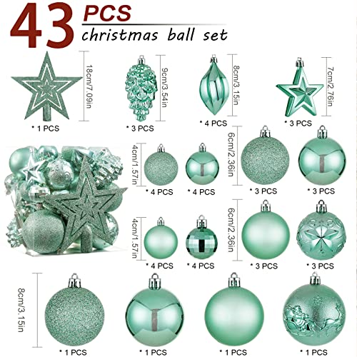 CristBest Mint Green Christmas Tree Ornaments Set - 43 Shatterproof Holiday Balls & Decor