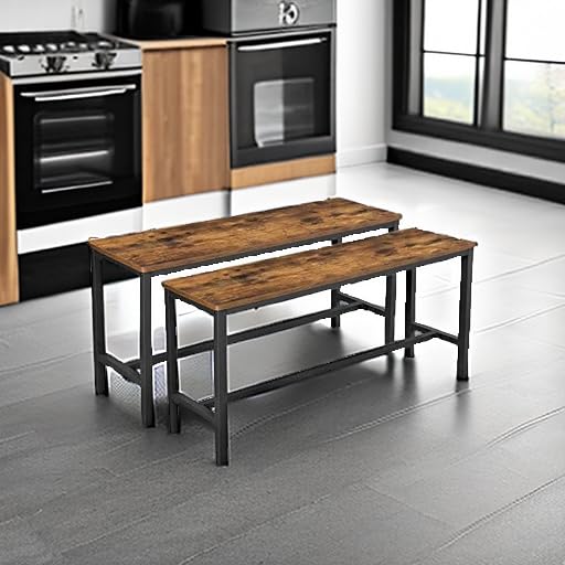 VASAGLE Set of 2 Kitchen Dining Benches 42.5'' Rustic Wooden Top Black Legs