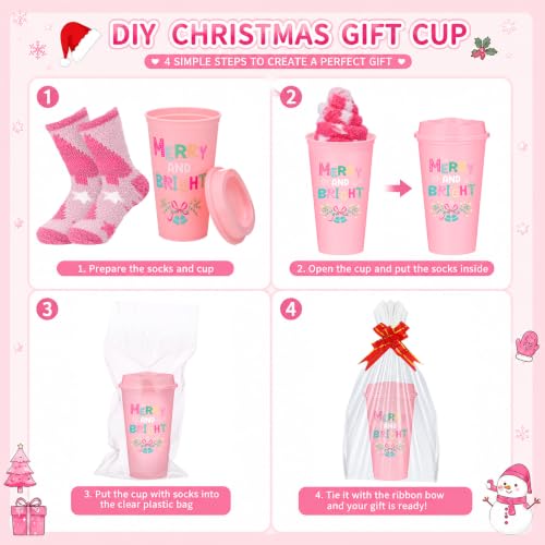 Pink Christmas Gift Set with Cups Socks Bows - Vesici 12 Pack
