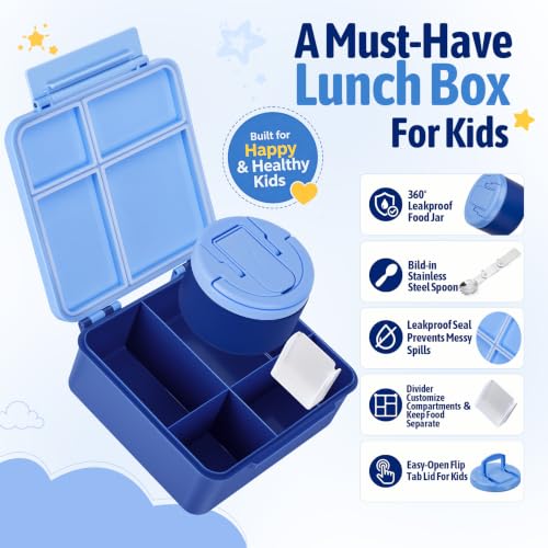 MAXSO Blue Kids Bento Lunch Box Set with 8oz Soup Thermo & 4 Compartments