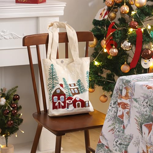Christmas Embroidery Canvas Tote Bag Cute Reusable Gift Bags for