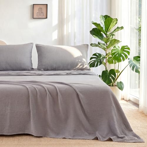 LUTBM King 100% Cotton Muslin Sheet Set Gray - 4 Piece Breathable Bed Sheets