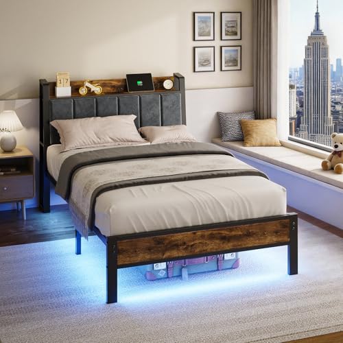 Twin Size Bed Frame with USB Charging Station & Smart LED Lights - Gray Upholstered Headboard