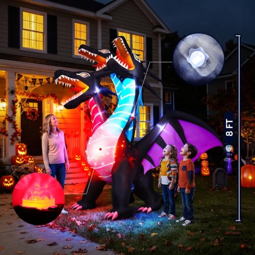 Thuodo 8 FT Tall Inflatable Dragon Halloween Yard Decoration with LEDs, Outdoor Garden Display