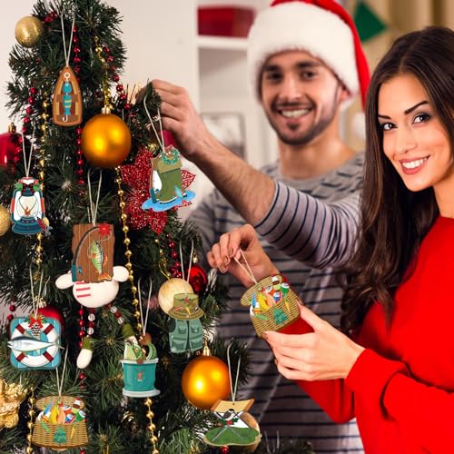 36 Pcs Fishing Christmas Ornaments—Wooden Fisherman Holiday Décor Set