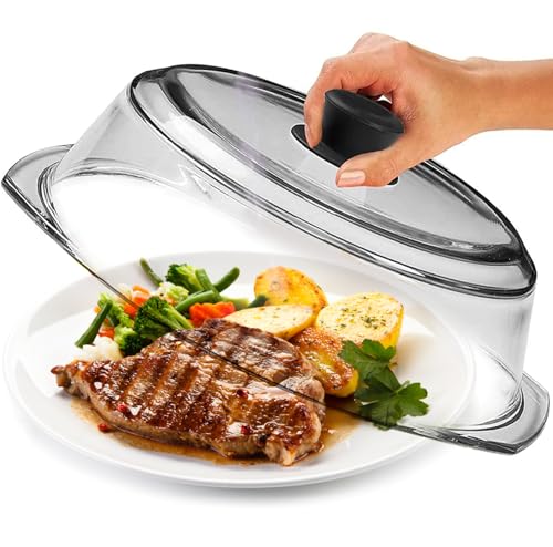 Le'raze Tall Glass Microwave Splatter Cover with Cool Touch Handle - Food Safe & Dishwasher Safe