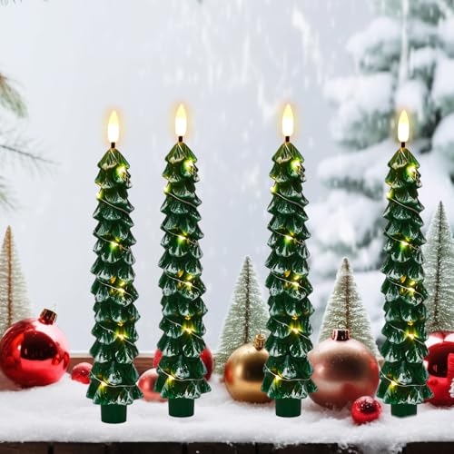 KunSwenn 4-Pack Flameless Christmas Tree Candles with Remote & String Lights
