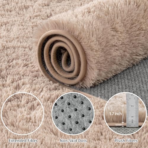 Beige 8x10 Fluffy Shag Area Rug for Living Room & Bedroom, Non-Slip