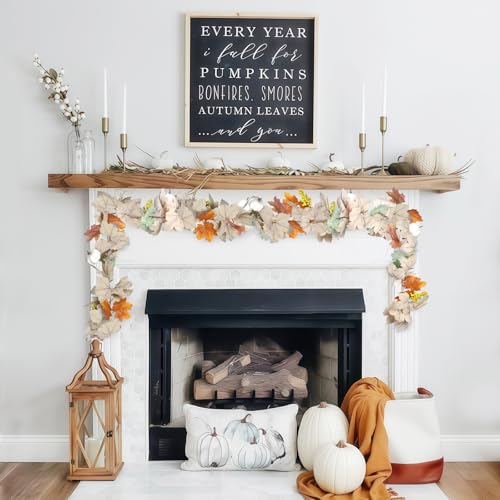 Fall Garland with Pumpkins and Berries ? 6ft Artificial Maple Leaf Garland with Cream and Orange Leaves for Thanksgiving, Fireplace, Front Door, Farmhouse Autumn Decorations