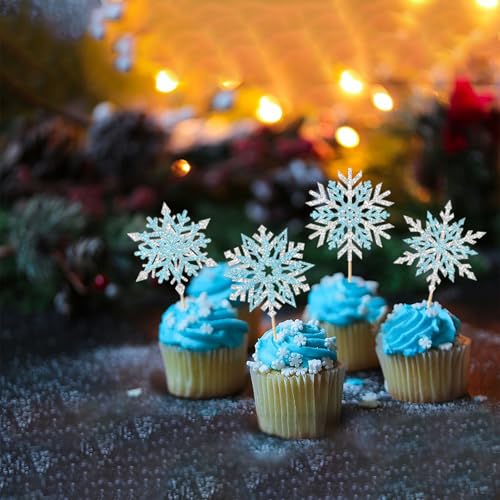 24PCS Glitter Snowflake Cupcake Toppers for Christmas & Winter Parties
