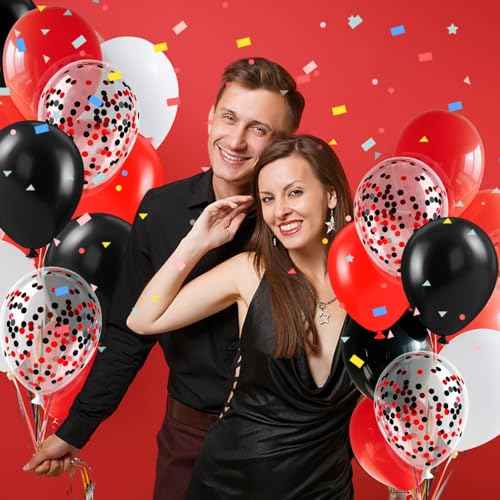 Red White and Black Balloons 12 Inch Black Red Confetti Party Decoration Balloons with Ribbons for Birthday, Wedding, Baby Shower, Anniversary, Casino Theme, Graduation Party Supplies