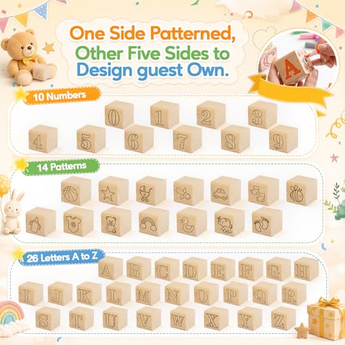 Baby Shower Wooden Blocks Set with Markers and Design Templates - Engraved & Blank Sides, Safe & Educational