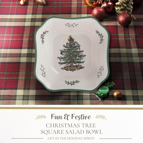 Spode Christmas Tree 9.5-Inch Square Salad Bowl - Festive Holiday Ceramic Serving Dish with Holiday Design