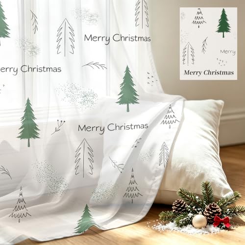 Youleyar Christmas Tree Print Sheer Curtains 72in L, Pack of 2, Green