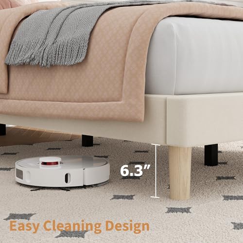 Beige Twin Bed Frame with Adjustable Velvet Headboard - Modern Platform Bed
