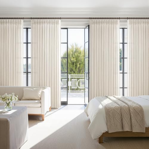 Birch Linen Pleated Curtain Set - 4 Panels, 40"W x 96"L, Ivory Cream, Light Filtering, Memory Shape - LuxuNap