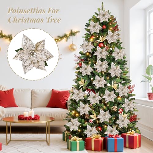 Poinsettia Artificial Flowers, 16-Piece 17in Glitter Christmas Bouquets for Indoor Outdoor Decor