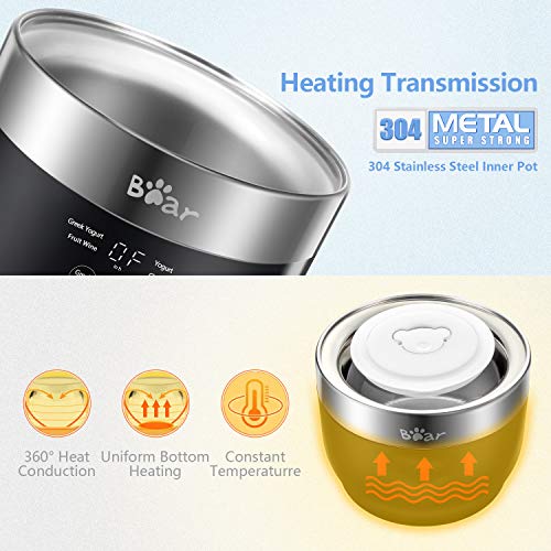 Bear Yogurt Maker with Strainer & Timer Control - 2 x 33.8 oz Capacity, Stainless Steel
