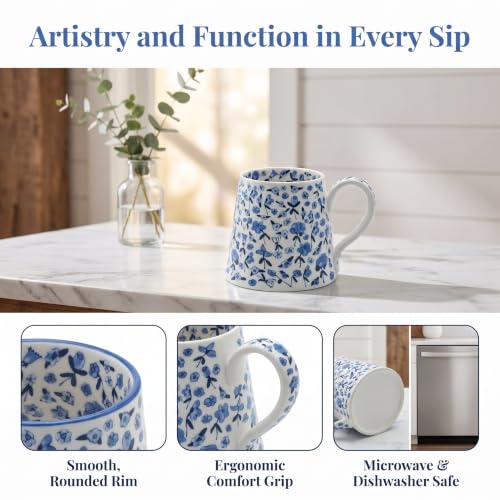 MOCERAKAI Blue Large Ceramic Flower Mug 13.5oz - Handmade Irregular Tea Coffee Cup for Women