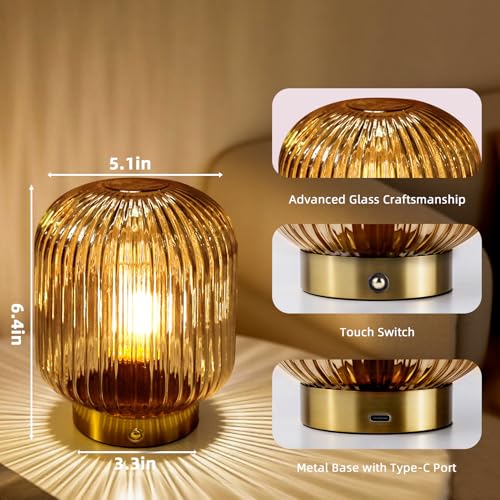Rechargeable Cordless Table Lamp - Amber Glass with Memory Function