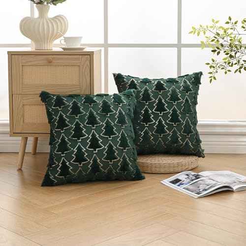 Volcanics Dark Green Christmas Tree Decorative Throw Pillow Covers 18x18 Inch Set of 2, Soft Plush Faux Fur with Sparkling Sequin Design, Luxury Throw Pillowcases for Couch Holiday Festivals