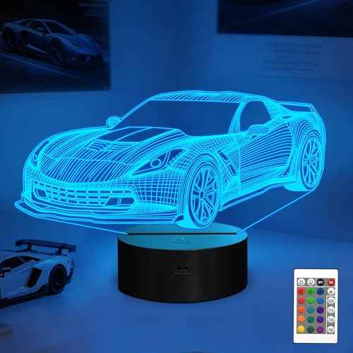 YuanDian Racing Car 3D LED Illusion Lamp, 16 Colors USB & Battery Powered Touch Control with Remote, Creative Car Gift for Boys & Lovers