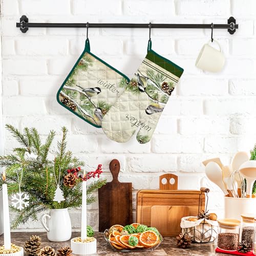 Winter Bird Leaf Oven Mitts & Pot Holders Set (Bird Leaf) 100% Cotton, 2pc
