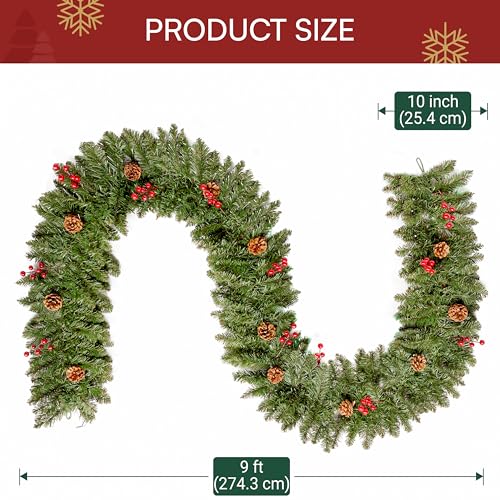 Joiedomi 9 ft Prelit Red Berries Pine Garland with 50 Warm White Lights - Christmas Greenery