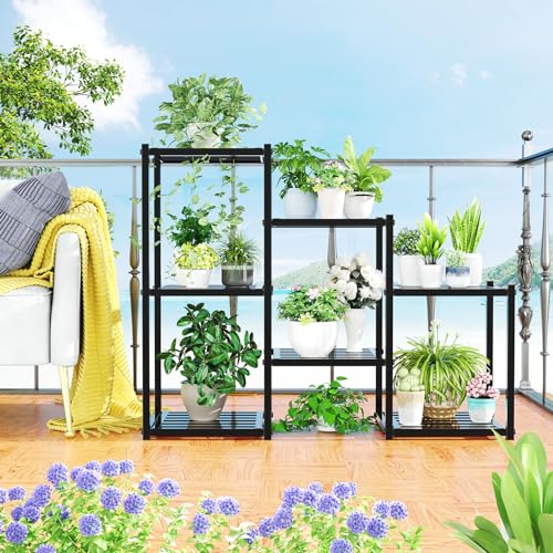 Heavy Duty 7-Tier Indoor Outdoor Metal Plant Stand - Tall Multi-Pot Rack, Black