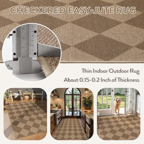 Indoor Outdoor Checkered Jute Look Rug 3x5 Washable Non Slip Entryway Decor - Nature Variation 2