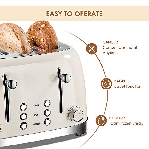 Cream 4 Slice Toaster with Retro Stainless Steel Finish, Wide Slots & Bagel Function
