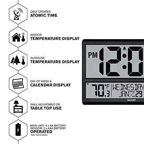Sharp Atomic Clock with 4-Inch Display, Outdoor Sensor, Battery