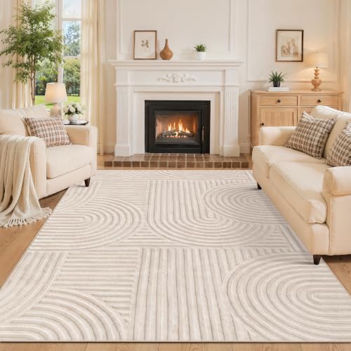 Ciicool 5' x 7' Beige Rainbow Textured Washable High-Low Plush Area Rug