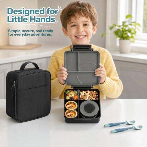 Kids Bento Lunch Box Set with 8oz Soup Thermo - Leak-Proof, 4-Compartment, Insulated Lunch Bag - Black