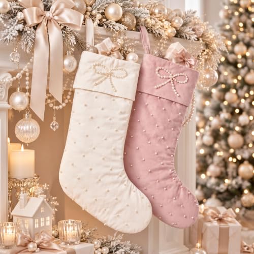 2 Pack 23 Inch Christmas Stockings with Hand-sewn Pearls, Elegant Bow