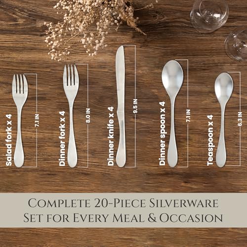 Kitchen Utensil Set - 20 Piece Matte Silver Cutlery with Ergonomic Handles