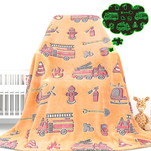 Fire Truck Blanket Glow in The Dark Blanket for Toddler Boys Gifts Toys for 3 4 5 6 7 8 9 10 Year Old Construction Blankets Firetruck Birthday Gifts for Kids