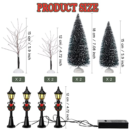 Mini Christmas Trees and Lamp Post Set - Winter Village Decor, 12 pcs