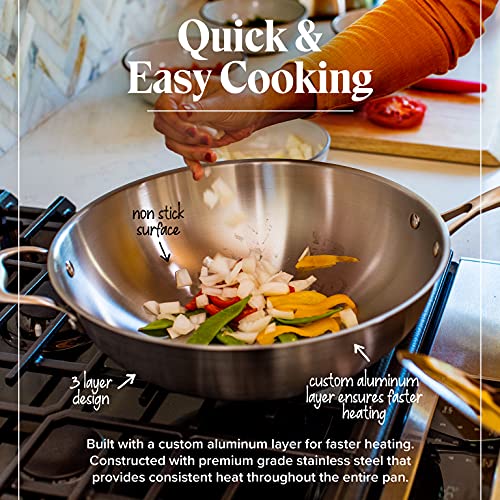13-Inch Stainless Steel Wok Pan with Lid & Spatula - Professional Stir Fry Cookware