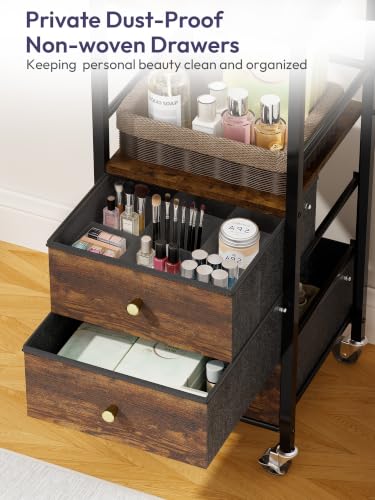 Espresso SWTYMIKI Makeup Organizer Cart with Mirror & Storage Drawers