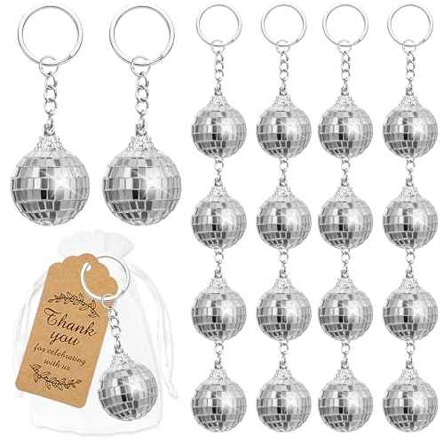 Mirror Disco Ball Keychain With Organza Bags Thank You Tags Disco party favors For 70s 80s Disco Theme Party Birthday Party Classroom Rewards Mini Disco Ball Decorations Supplies (Silver)
