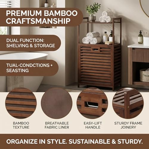 Brown 2-Tier Tilt-Out Bamboo Laundry Hamper with Storage Shelf - Foldable