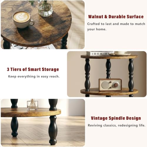 Round 3-Tier Side Table - Modern Oval Nightstand for Living Room & Bedroom - Rustic Brown