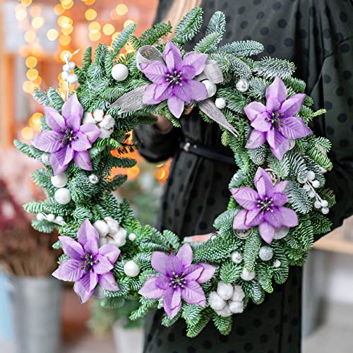 WILLBOND 45pcs Purple Glitter Poinsettia Artificial Christmas Flowers